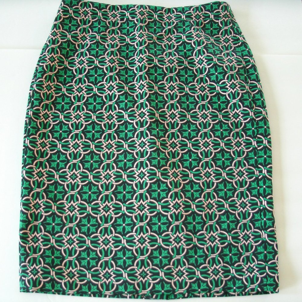 J Crew No 2 Pencil Skirt Green Navy  Lattice Medallion Size 2